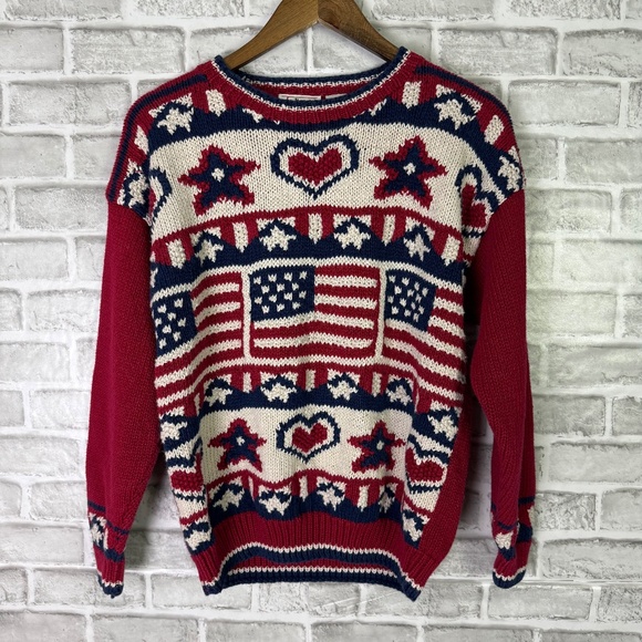 Talbots Patriotic USA Heavy Ramie Knit Crew Neck Pullover Sweater Womens Small - Picture 1 of 7